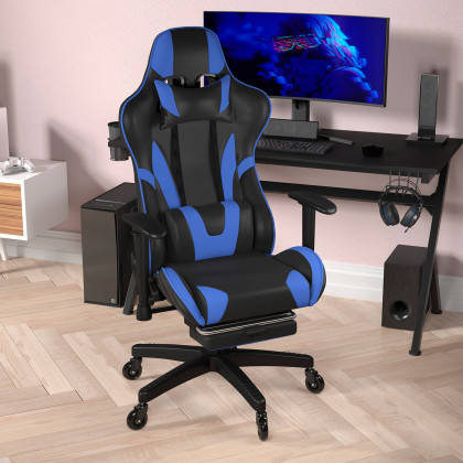 BLNK X30 Gaming Racing Computer Chair with Reclining Back, Slide-Out Footrest, and Transparent Roller Wheels - Blue