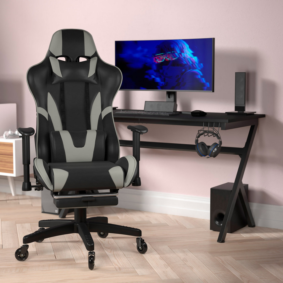 BLNK X30 Gaming Racing Computer Chair with Reclining Back, Slide-Out Footrest, and Transparent Roller Wheels - Gray