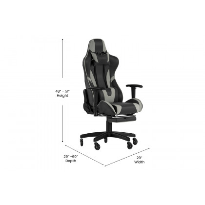 BLNK X30 Gaming Racing Computer Chair with Reclining Back, Slide-Out Footrest, and Transparent Roller Wheels - Gray