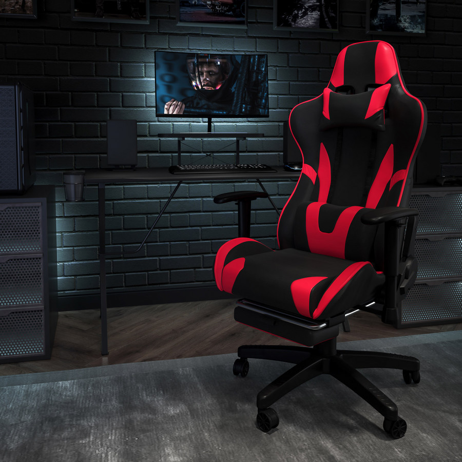 BLNK X30 Gaming Racing Office Ergonomic Computer Chair with Fully Reclining Back and Slide-Out Footrest - Red