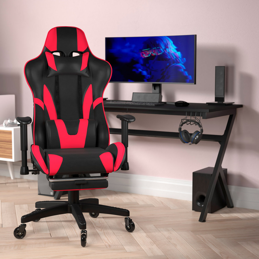 BLNK X30 Gaming Racing Computer Chair with Reclining Back, Slide-Out Footrest, and Transparent Roller Wheels - Red