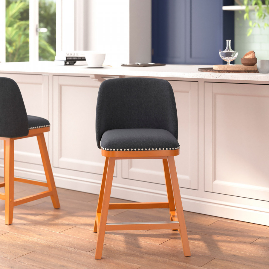 BLNK - Julia Faux Linen Transitional Upholstered Counter Stools with Silver Nailhead Trim and Walnut Finish Solid Wood Frames Set of 2