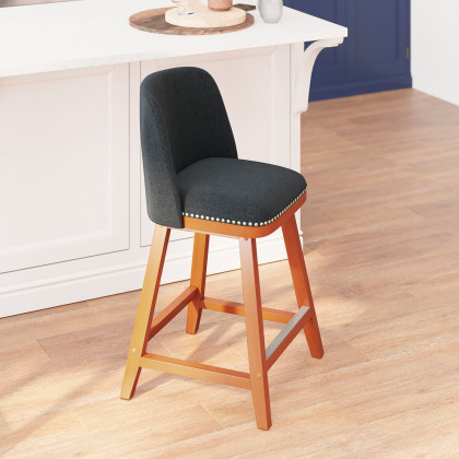 BLNK - Julia Faux Linen Transitional Upholstered Counter Stools with Silver Nailhead Trim and Walnut Finish Solid Wood Frames Set of 2