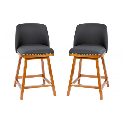 BLNK Julia Faux Linen Transitional Upholstered Counter Stools with Silver Nailhead Trim and Walnut Finish Solid Wood Frames Set of 2 - Charcoal