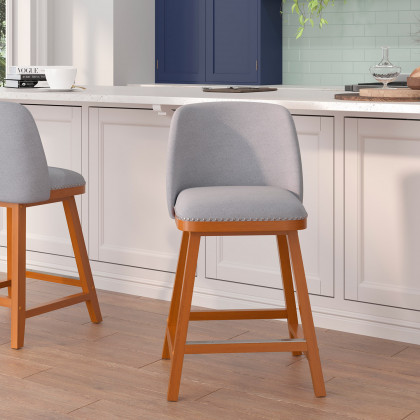 BLNK - Julia Faux Linen Transitional Upholstered Counter Stools with Silver Nailhead Trim and Walnut Finish Solid Wood Frames Set of 2