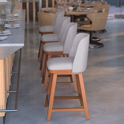 BLNK Julia Faux Linen Transitional Upholstered Counter Stools with Silver Nailhead Trim and Walnut Finish Solid Wood Frames Set of 2 - Gray