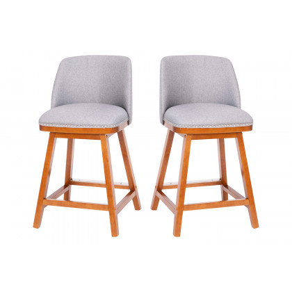 BLNK Julia Faux Linen Transitional Upholstered Counter Stools with Silver Nailhead Trim and Walnut Finish Solid Wood Frames Set of 2 - Gray