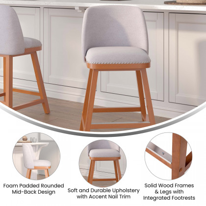 BLNK Julia Faux Linen Transitional Upholstered Counter Stools with Silver Nailhead Trim and Walnut Finish Solid Wood Frames Set of 2 - Gray