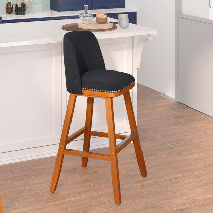 BLNK Julia Faux Linen Transitional Upholstered Bar Stools with Silver Nailhead Trim and Walnut Finish Solid Wood Frames Set of 2 - Charcoal