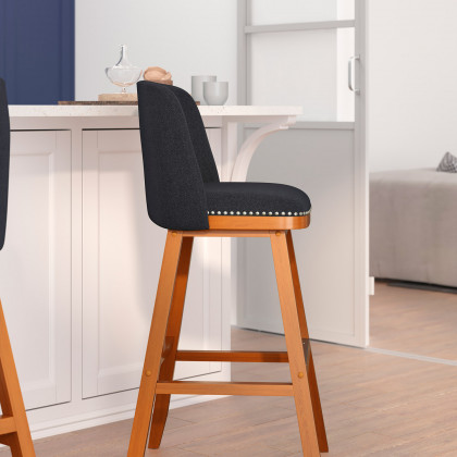 BLNK Julia Faux Linen Transitional Upholstered Bar Stools with Silver Nailhead Trim and Walnut Finish Solid Wood Frames Set of 2 - Charcoal