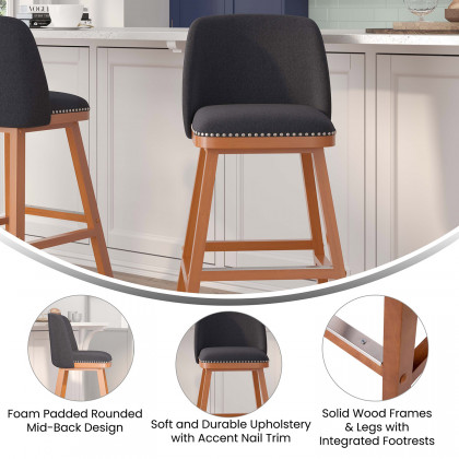 BLNK Julia Faux Linen Transitional Upholstered Bar Stools with Silver Nailhead Trim and Walnut Finish Solid Wood Frames Set of 2 - Charcoal