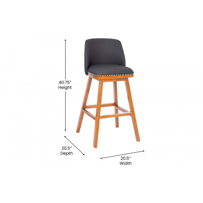 BLNK Julia Faux Linen Transitional Upholstered Bar Stools with Silver Nailhead Trim and Walnut Finish Solid Wood Frames Set of 2 - Charcoal