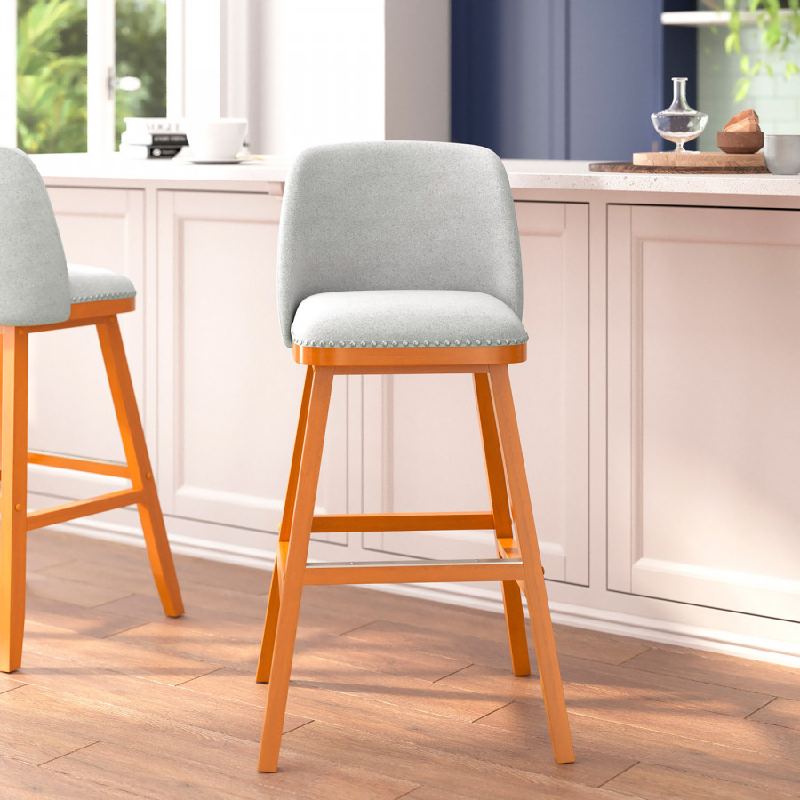 BLNK - Julia Faux Linen Transitional Upholstered Bar Stools with Silver Nailhead Trim and Walnut Finish Solid Wood Frames Set of 2