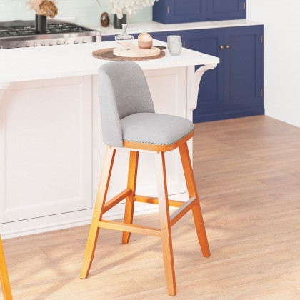 BLNK - Julia Faux Linen Transitional Upholstered Bar Stools with Silver Nailhead Trim and Walnut Finish Solid Wood Frames Set of 2