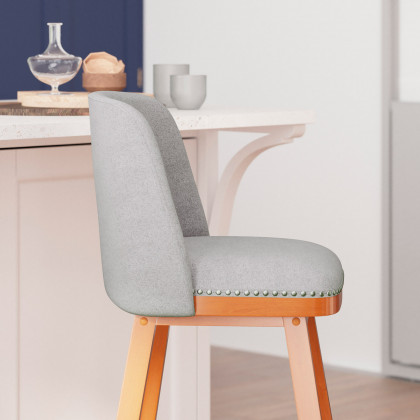 BLNK Julia Faux Linen Transitional Upholstered Bar Stools with Silver Nailhead Trim and Walnut Finish Solid Wood Frames Set of 2 - Gray