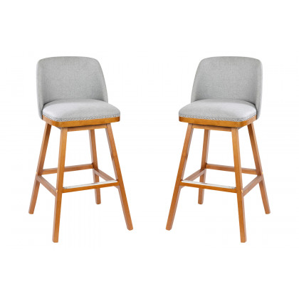 BLNK Julia Faux Linen Transitional Upholstered Bar Stools with Silver Nailhead Trim and Walnut Finish Solid Wood Frames Set of 2 - Gray