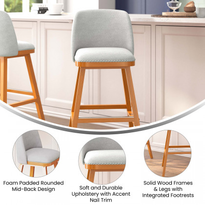 BLNK Julia Faux Linen Transitional Upholstered Bar Stools with Silver Nailhead Trim and Walnut Finish Solid Wood Frames Set of 2 - Gray