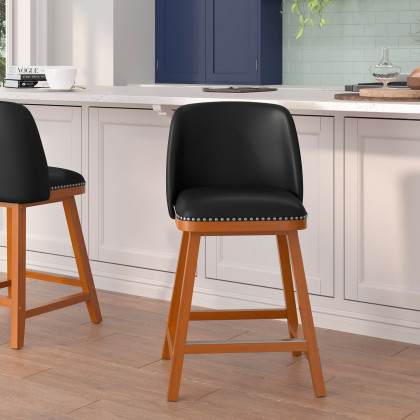 BLNK - Julia LeatherSoft Transitional Upholstered Counter Stools with Silver Nailhead Trim and Walnut Finish Solid Wood Frames Set of 2