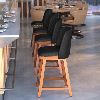BLNK Julia LeatherSoft Transitional Upholstered Counter Stools with Silver Nailhead Trim and Walnut Finish Solid Wood Frames Set of 2 - Black