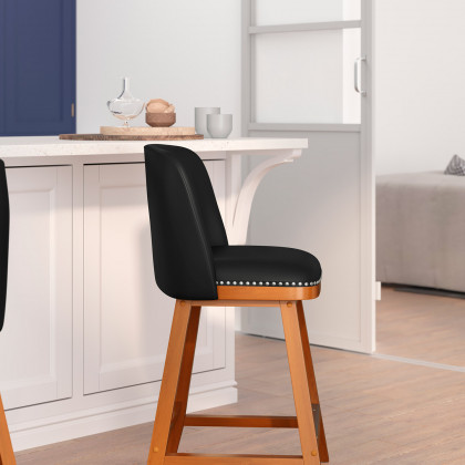 BLNK Julia LeatherSoft Transitional Upholstered Counter Stools with Silver Nailhead Trim and Walnut Finish Solid Wood Frames Set of 2 - Black