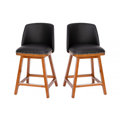 BLNK Julia LeatherSoft Transitional Upholstered Counter Stools with Silver Nailhead Trim and Walnut Finish Solid Wood Frames Set of 2 - Black