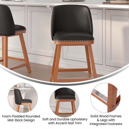 BLNK Julia LeatherSoft Transitional Upholstered Counter Stools with Silver Nailhead Trim and Walnut Finish Solid Wood Frames Set of 2 - Black