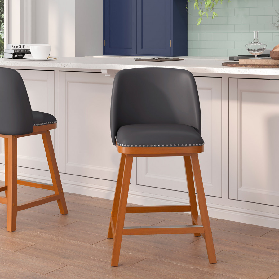 BLNK - Julia LeatherSoft Transitional Upholstered Counter Stools with Silver Nailhead Trim and Walnut Finish Solid Wood Frames Set of 2
