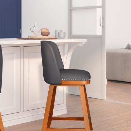 BLNK Julia LeatherSoft Transitional Upholstered Counter Stools with Silver Nailhead Trim and Walnut Finish Solid Wood Frames Set of 2 - Gray