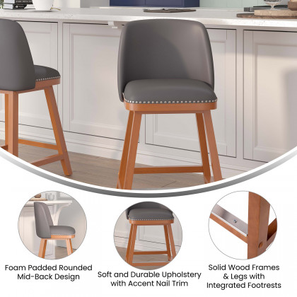 BLNK Julia LeatherSoft Transitional Upholstered Counter Stools with Silver Nailhead Trim and Walnut Finish Solid Wood Frames Set of 2 - Gray
