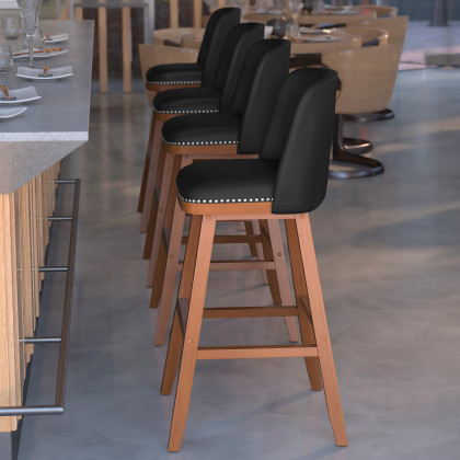 BLNK Julia LeatherSoft Transitional Upholstered Bar Stools with Silver Nailhead Trim and Walnut Finish Solid Wood Frames Set of 2 - Black
