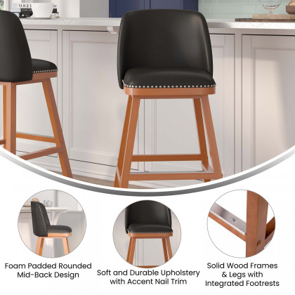 BLNK Julia LeatherSoft Transitional Upholstered Bar Stools with Silver Nailhead Trim and Walnut Finish Solid Wood Frames Set of 2 - Black