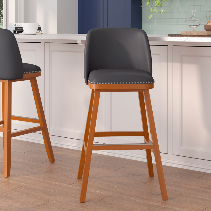BLNK - Julia LeatherSoft Transitional Upholstered Bar Stools with Silver Nailhead Trim and Walnut Finish Solid Wood Frames Set of 2