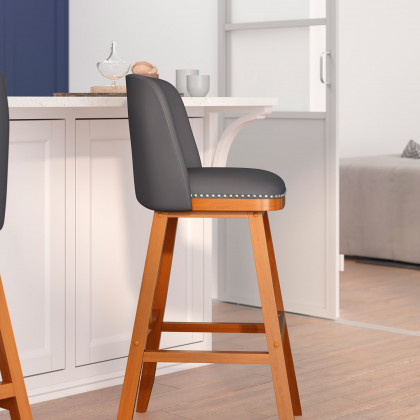 BLNK Julia LeatherSoft Transitional Upholstered Bar Stools with Silver Nailhead Trim and Walnut Finish Solid Wood Frames Set of 2 - Gray