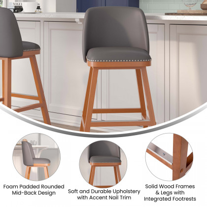 BLNK Julia LeatherSoft Transitional Upholstered Bar Stools with Silver Nailhead Trim and Walnut Finish Solid Wood Frames Set of 2 - Gray