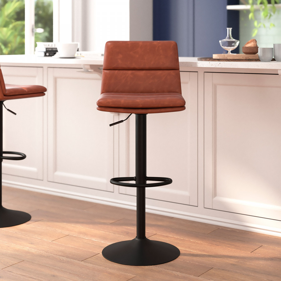 BLNK Hughes Commercial LeatherSoft Modern Mid-Back Adjustable Channel Stitched Bar Stools Set of 2 - Cognac