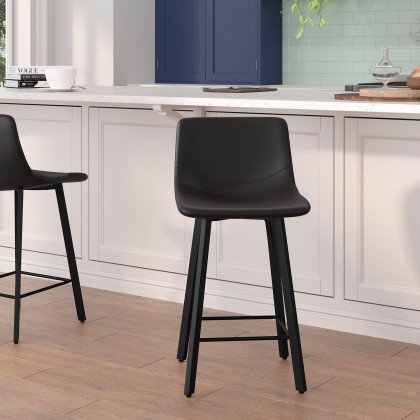 BLNK - Caleb Commercial LeatherSoft Armless Counter Height Stools with Footrests with Black Matte Metal Frames Set of 2