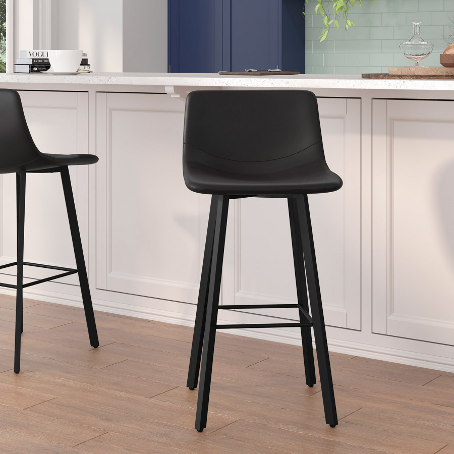 BLNK Caleb LeatherSoft Armless Bar Height Commercial Grade Bar Stools with Footrests and Black Matte Iron Frames Set of 2 - Black