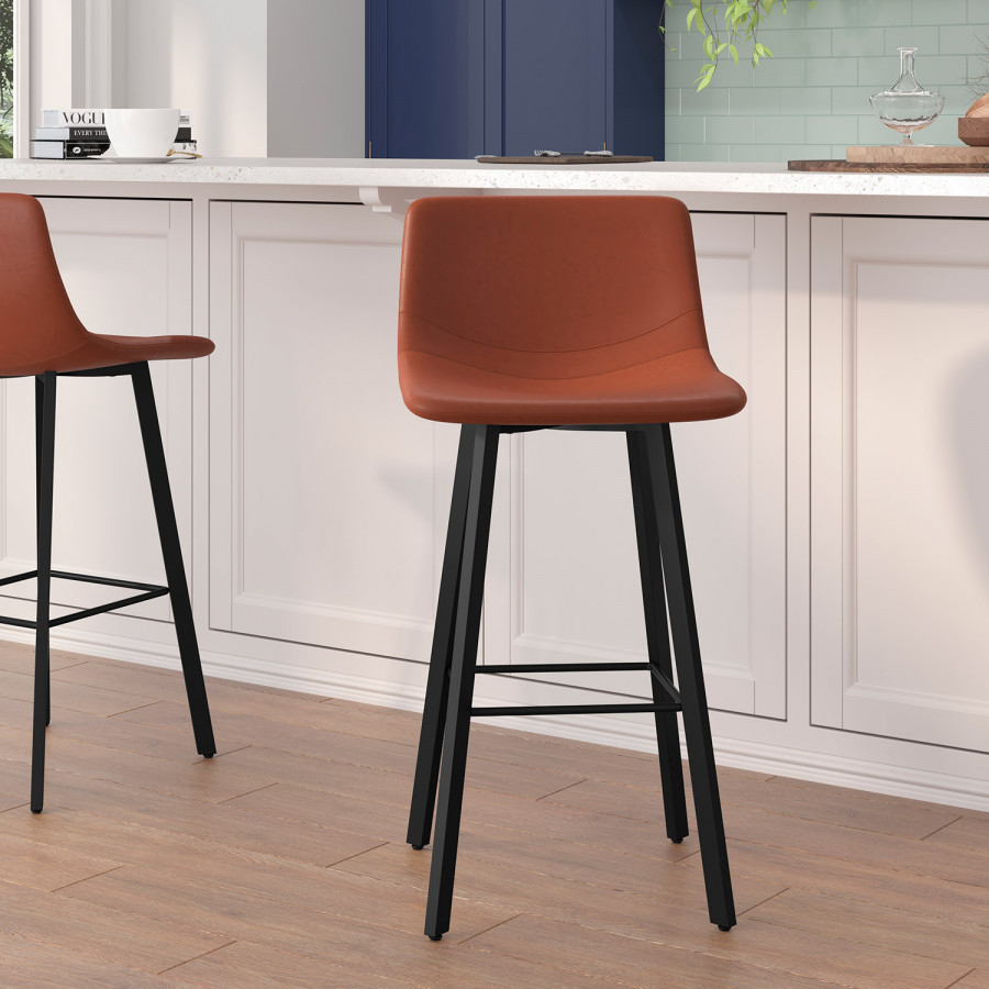BLNK Caleb LeatherSoft Armless Bar Height Commercial Grade Bar Stools with Footrests and Black Matte Iron Frames Set of 2 - Cognac