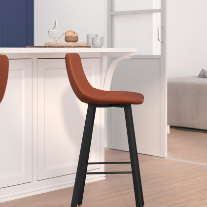 BLNK Caleb LeatherSoft Armless Bar Height Commercial Grade Bar Stools with Footrests and Black Matte Iron Frames Set of 2 - Cognac