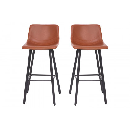 BLNK Caleb LeatherSoft Armless Bar Height Commercial Grade Bar Stools with Footrests and Black Matte Iron Frames Set of 2 - Cognac