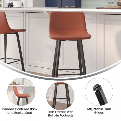BLNK Caleb LeatherSoft Armless Bar Height Commercial Grade Bar Stools with Footrests and Black Matte Iron Frames Set of 2 - Cognac