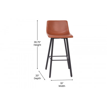 BLNK Caleb LeatherSoft Armless Bar Height Commercial Grade Bar Stools with Footrests and Black Matte Iron Frames Set of 2 - Cognac