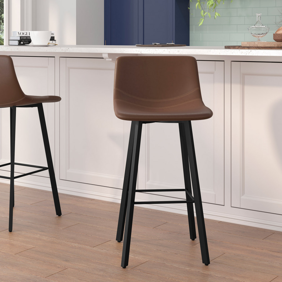 BLNK Caleb LeatherSoft Armless Bar Height Commercial Grade Bar Stools with Footrests and Black Matte Iron Frames Set of 2 - Chocolate Brown