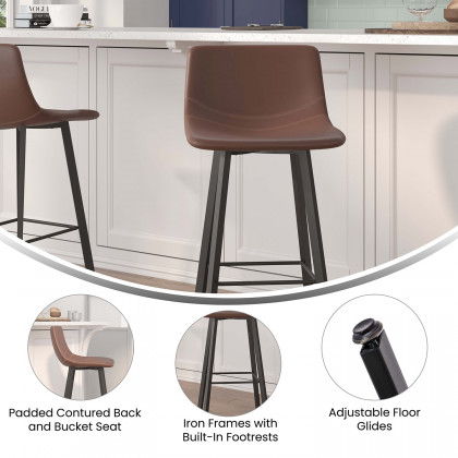 BLNK Caleb LeatherSoft Armless Bar Height Commercial Grade Bar Stools with Footrests and Black Matte Iron Frames Set of 2 - Chocolate Brown