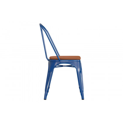 BLNK Perry Commercial Metal Indoor-Outdoor Stackable Chair with Poly Resin Wood Seat - Blue/Teak