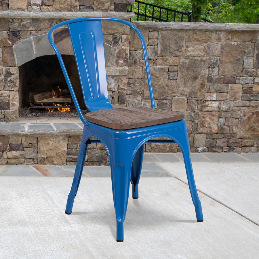 BLNK Perry Metal Stackable Chair with Wood Seat - Blue