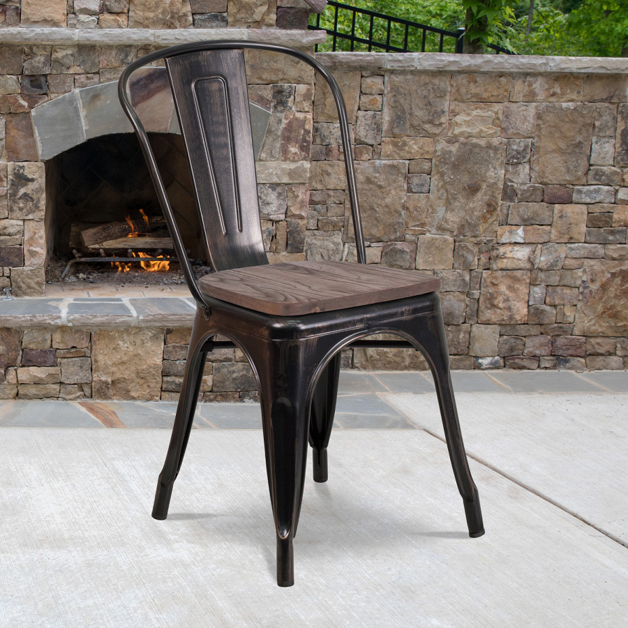 BLNK Perry Metal Stackable Chair with Wood Seat - Black/Antique Gold