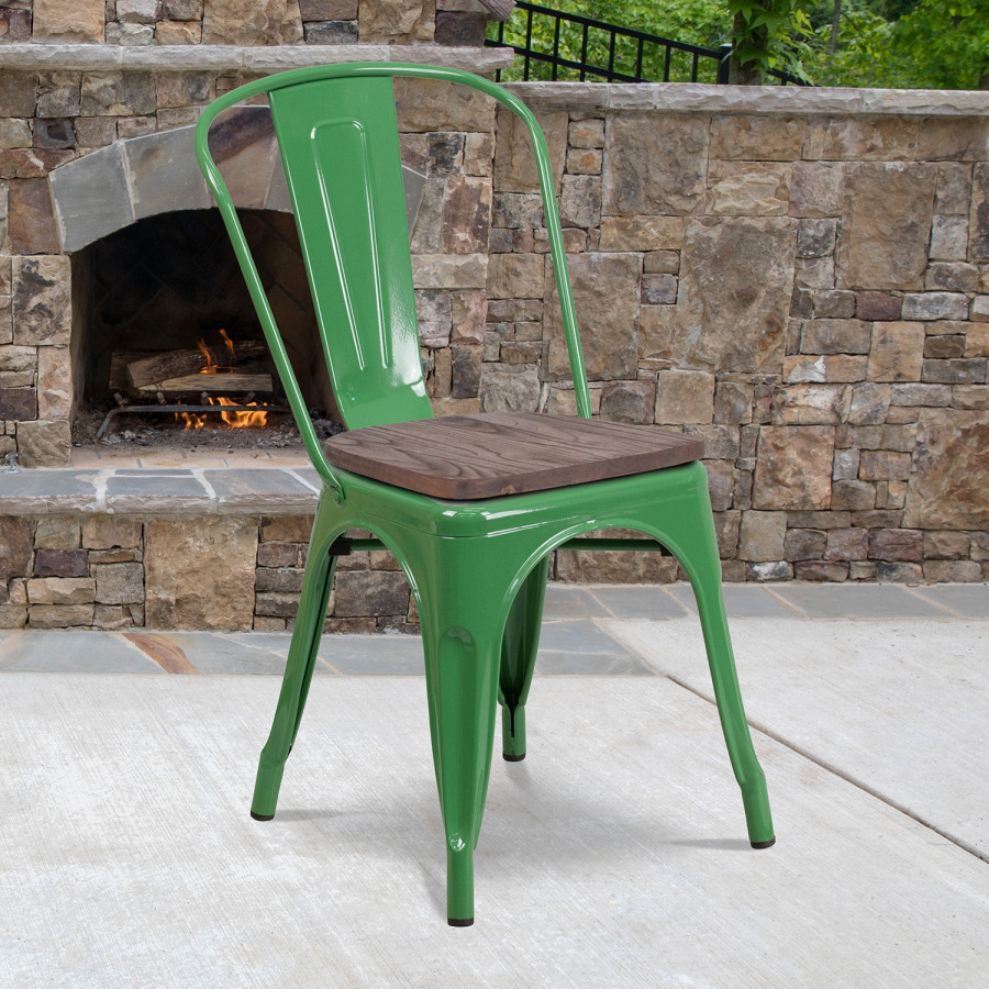 BLNK Perry Metal Stackable Chair with Wood Seat - Green