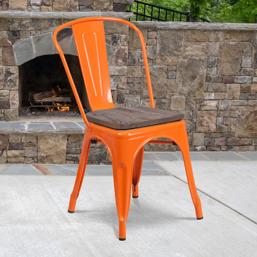 BLNK Perry Metal Stackable Chair with Wood Seat - Orange