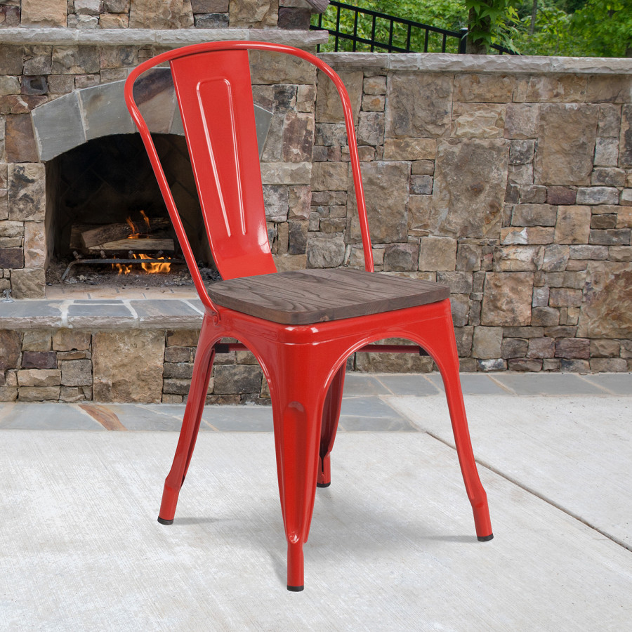 BLNK Perry Metal Stackable Chair with Wood Seat - Red